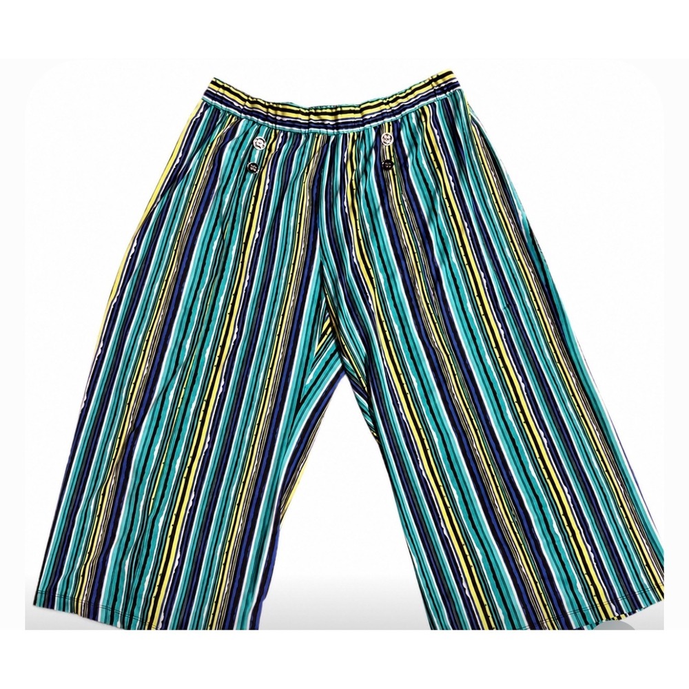 NY Collection Woman Striped Wide Leg Pants Teal Blue Yellow Sailor Button 2X